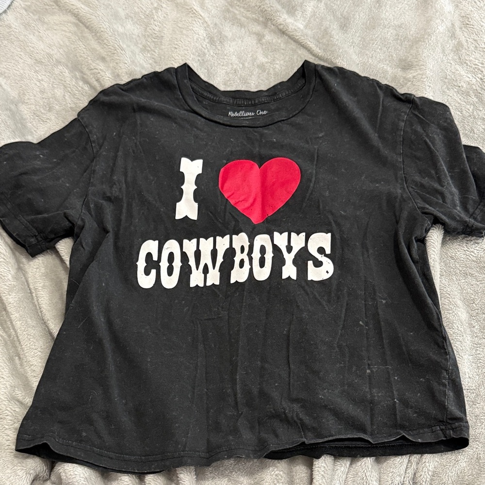 Rebellious One Black Crop Top with Red Heart and White 'COWBOYS' Graphic
